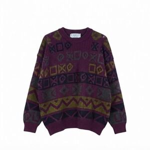 Vintage 90s Pure Wool Aztec Knit Sweater Purple Cosby Biggie Style Mens L